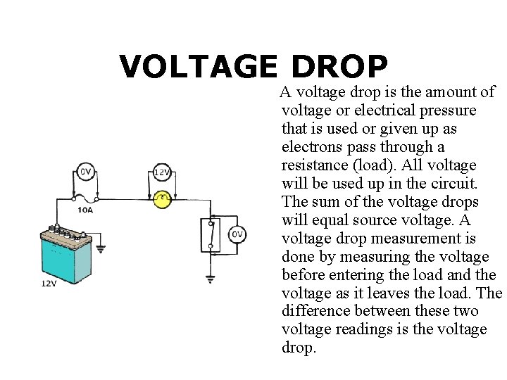 VOLTAGE DROP A voltage drop is the amount of voltage or electrical pressure that