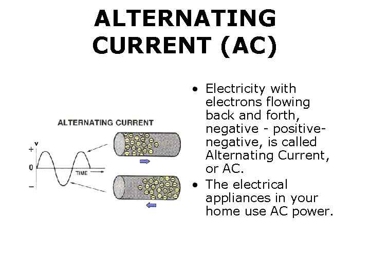 ALTERNATING CURRENT (AC) • Electricity with electrons flowing back and forth, negative - positive-