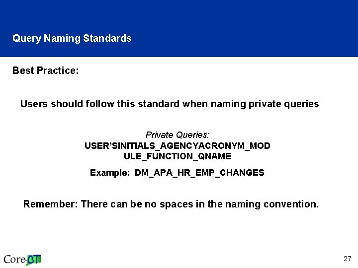 Query Naming Standards Best Practice: Users should follow this standard when naming private queries