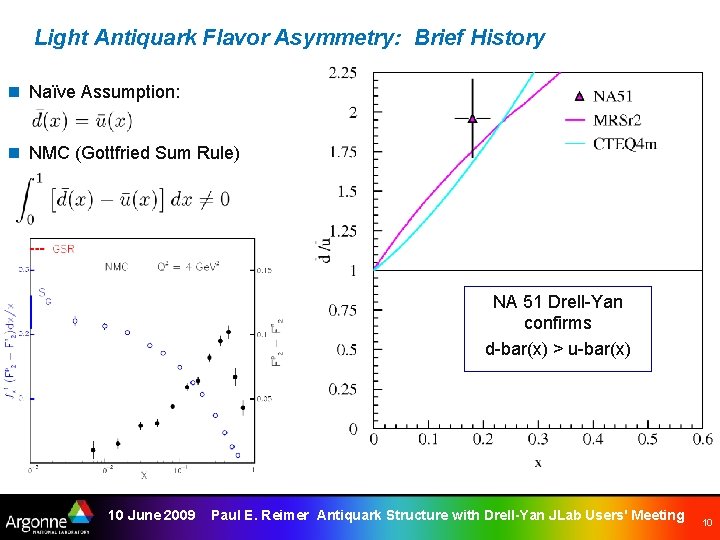 Light Antiquark Flavor Asymmetry: Brief History n Naïve Assumption: n NMC (Gottfried Sum Rule)