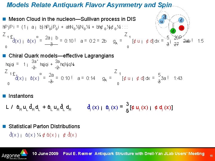 Models Relate Antiquark Flavor Asymmetry and Spin n Meson Cloud in the nucleon—Sullivan process