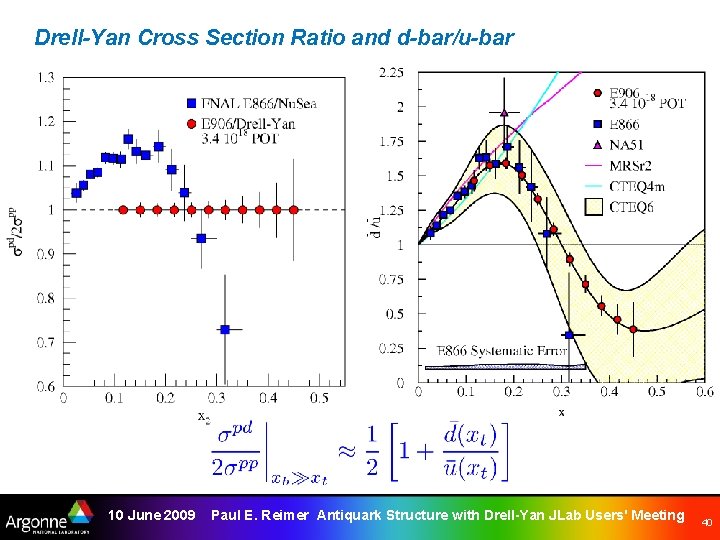 Drell-Yan Cross Section Ratio and d-bar/u-bar 10 June 2009 Paul E. Reimer Antiquark Structure