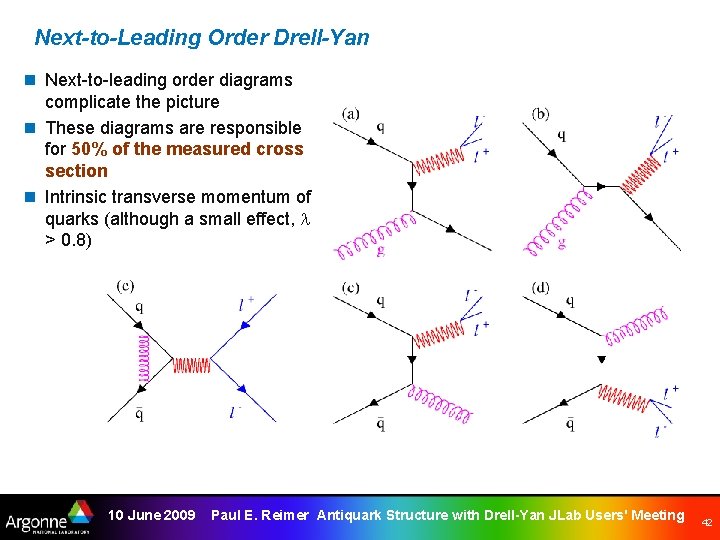 Next-to-Leading Order Drell-Yan n Next to leading order diagrams complicate the picture n These