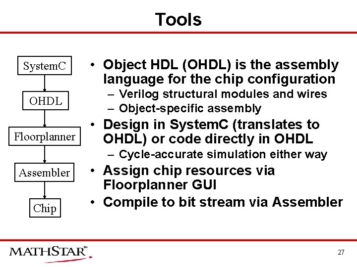 Tools System. C • Object HDL (OHDL) is the assembly language for the chip
