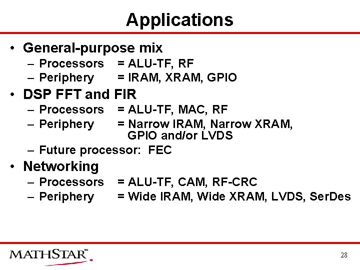 Applications • General-purpose mix – Processors – Periphery = ALU-TF, RF = IRAM, XRAM,