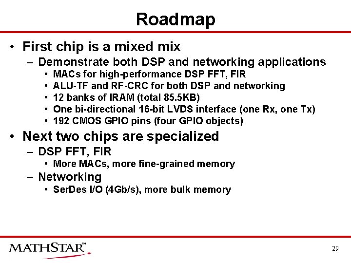 Roadmap • First chip is a mixed mix – Demonstrate both DSP and networking