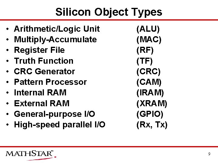 Silicon Object Types • • • Arithmetic/Logic Unit Multiply-Accumulate Register File Truth Function CRC