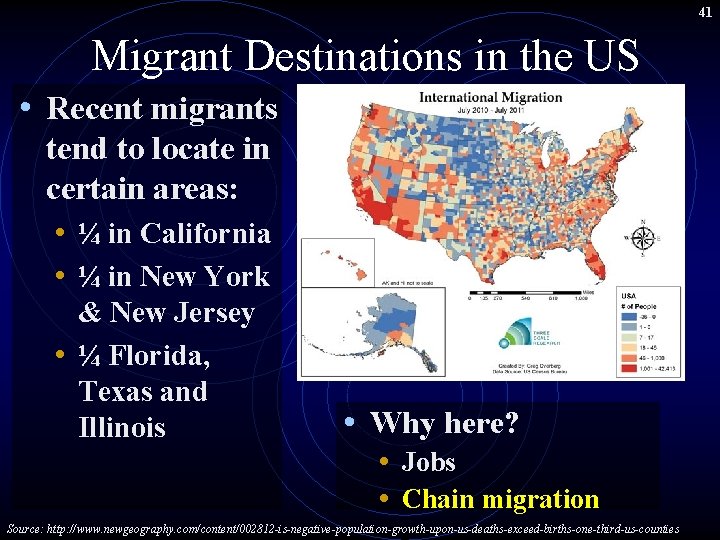 41 Migrant Destinations in the US • Recent migrants tend to locate in certain