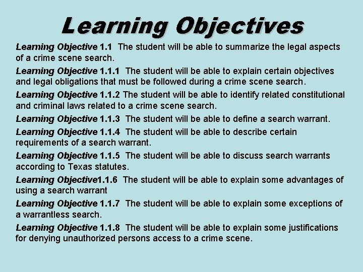 Learning Objectives Learning Objective 1. 1 The student will be able to summarize the