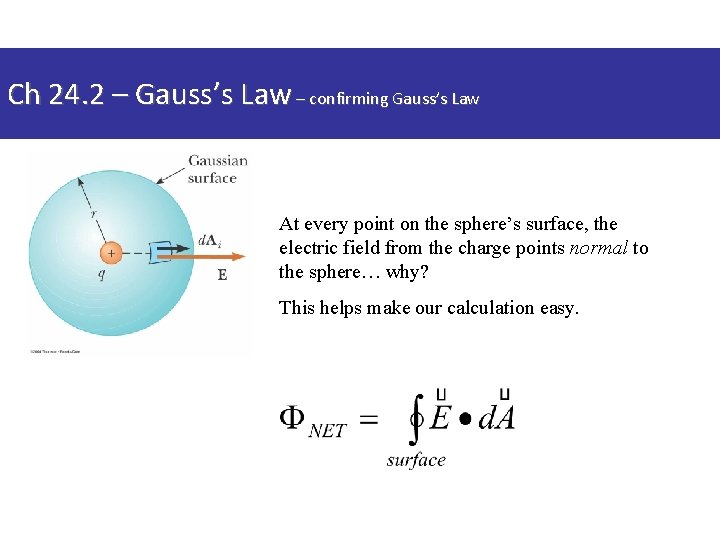 Ch 24. 2 – Gauss’s Law – confirming Gauss’s Law At every point on