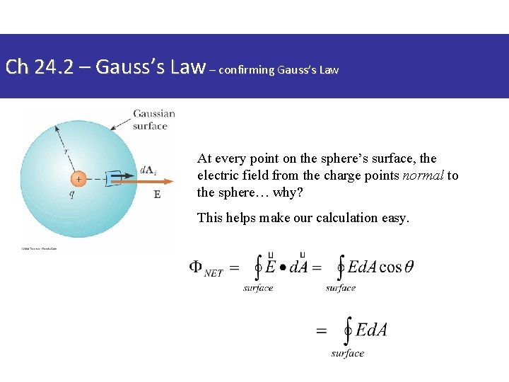 Ch 24. 2 – Gauss’s Law – confirming Gauss’s Law At every point on