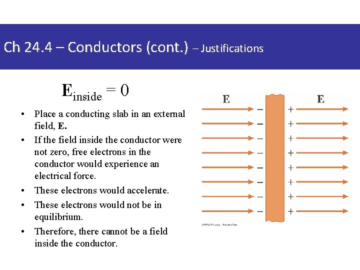 Ch 24. 4 – Conductors (cont. ) – Justifications Einside = 0 • Place