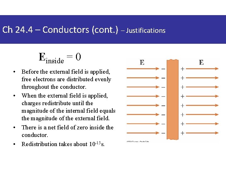 Ch 24. 4 – Conductors (cont. ) – Justifications Einside = 0 • Before