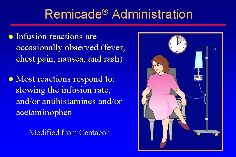 ® Remicade Administration Infusion reactions are occasionally observed (fever, chest pain, nausea, and rash)