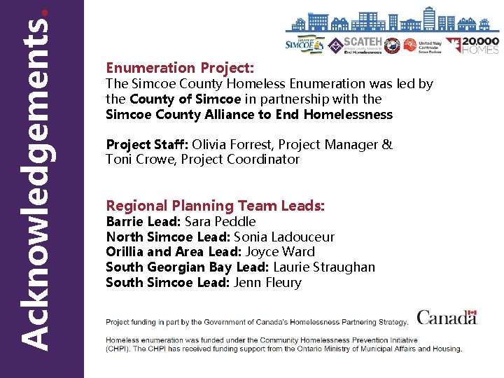 Acknowledgements. Enumeration Project: The Simcoe County Homeless Enumeration was led by the County of