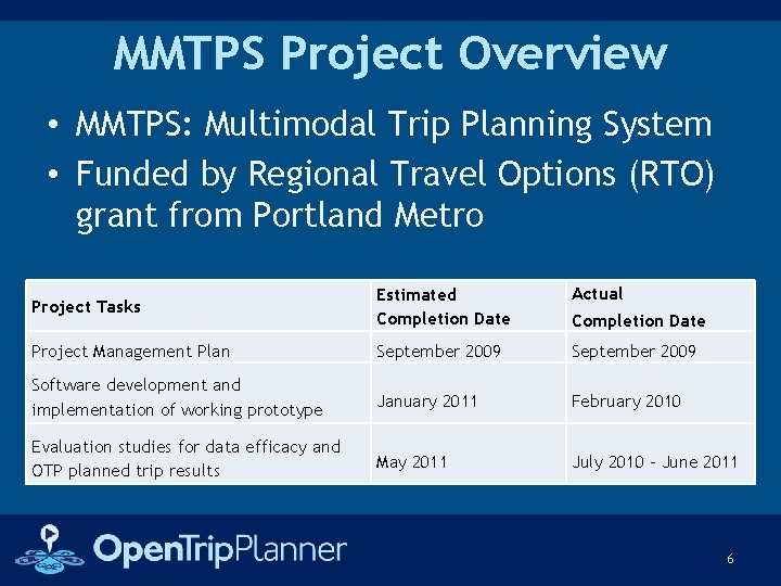 MMTPS Project Overview • MMTPS: Multimodal Trip Planning System • Funded by Regional Travel