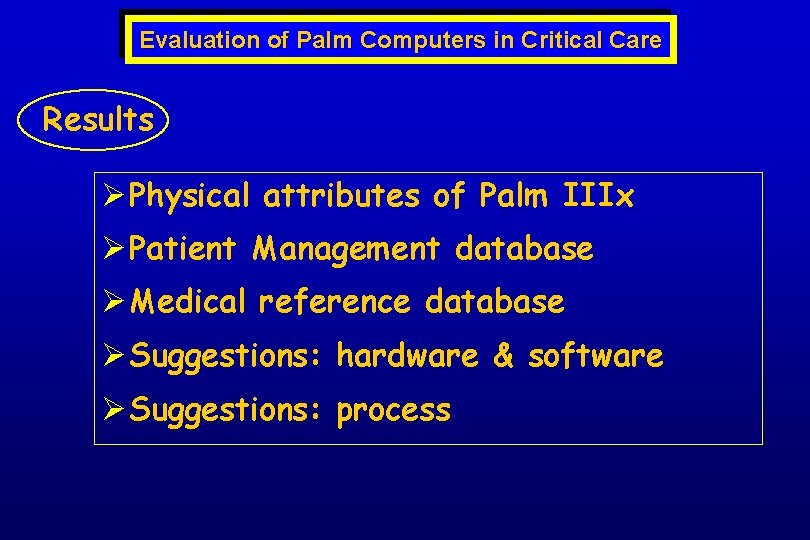 Evaluation of Palm Computers in Critical Care Results Ø Physical attributes of Palm IIIx