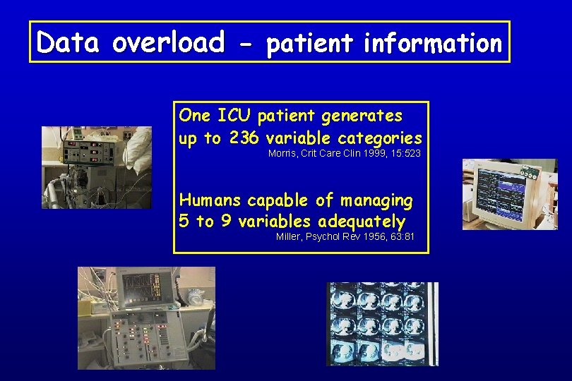 Data overload - patient information One ICU patient generates up to 236 variable categories