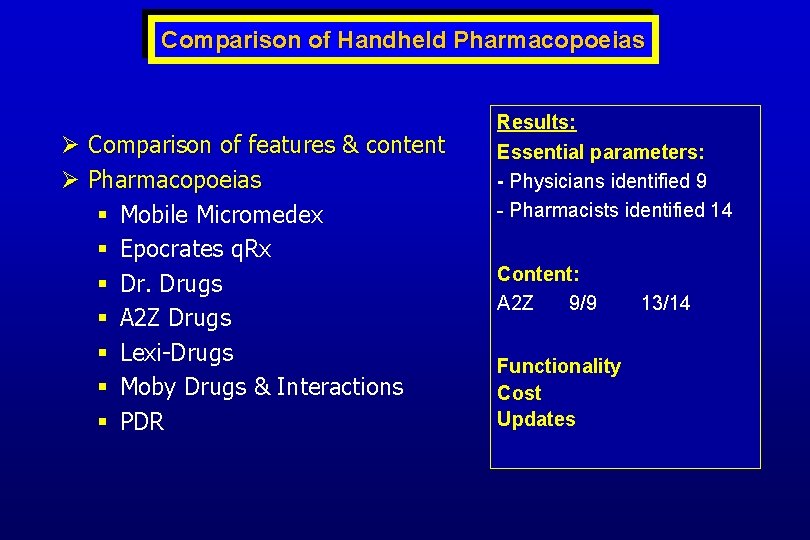 Comparison of Handheld Pharmacopoeias Ø Comparison of features & content Ø Pharmacopoeias § Mobile