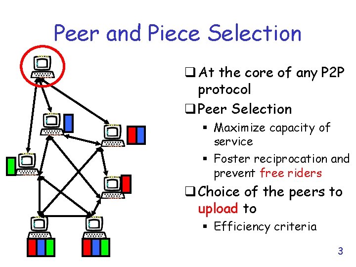 Peer and Piece Selection q At the core of any P 2 P protocol