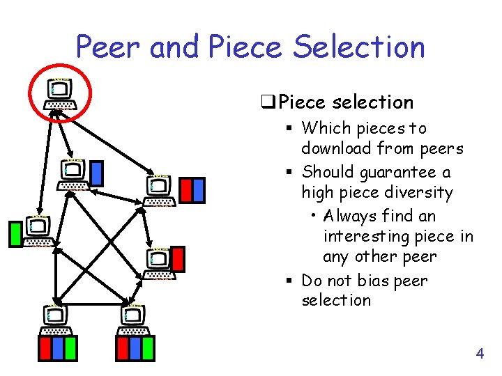 Peer and Piece Selection q Piece selection § Which pieces to download from peers