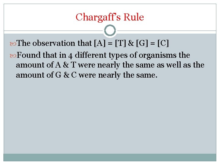 Chargaff’s Rule The observation that [A] = [T] & [G] = [C] Found that