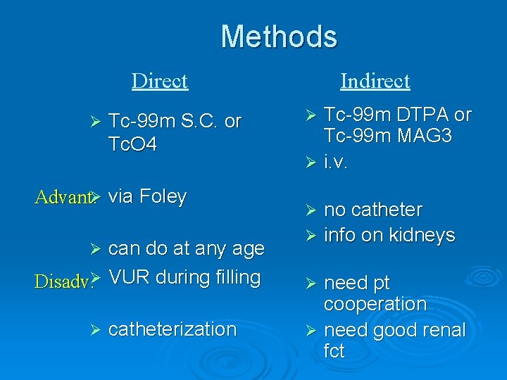 Methods Direct Ø Tc-99 m S. C. or Tc. O 4 Advant. Ø via