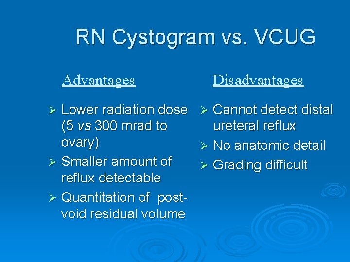 RN Cystogram vs. VCUG Advantages Disadvantages Lower radiation dose Ø Cannot detect distal (5