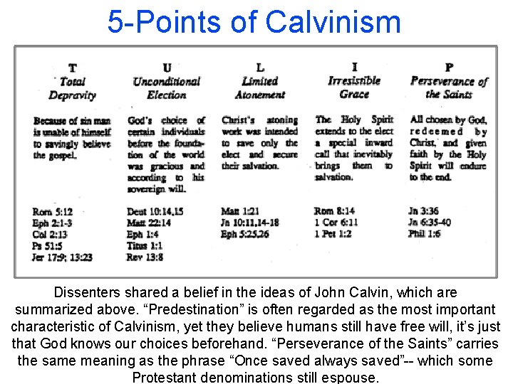 5 -Points of Calvinism Dissenters shared a belief in the ideas of John Calvin, 5 -Points of Calvinism Dissenters shared a belief in the ideas of John Calvin,