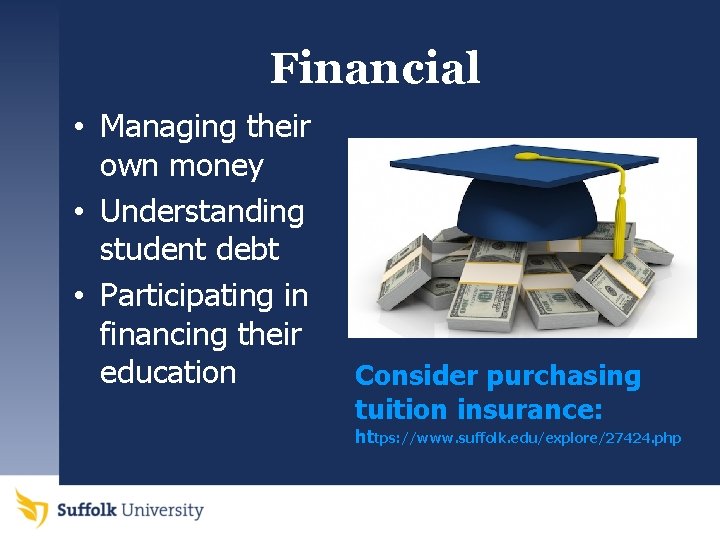 Financial • Managing their own money • Understanding student debt • Participating in financing