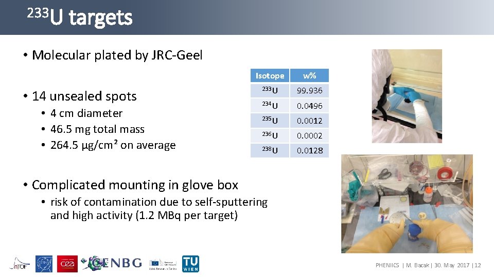 233 U targets • Molecular plated by JRC-Geel • 14 unsealed spots • 4