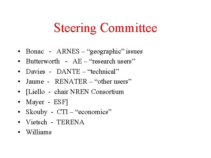 Steering Committee • • • Bonac - ARNES – “geographic” issues Butterworth - AE