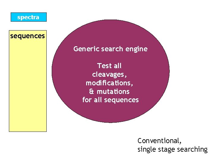 spectra sequences Generic search engine Test all cleavages, sequences modifications, & mutations for all