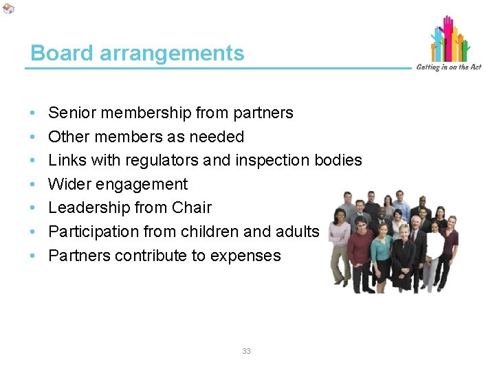 Board arrangements • • Senior membership from partners Other members as needed Links with Board arrangements • • Senior membership from partners Other members as needed Links with