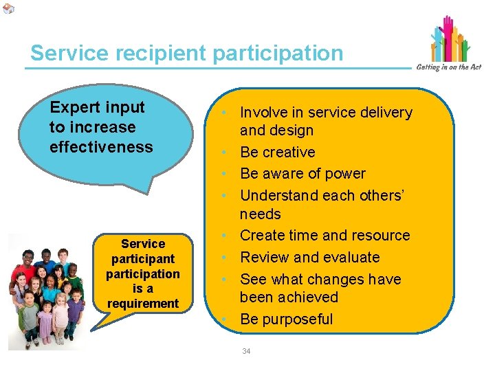 Service recipient participation Expert input to increase effectiveness Service participant participation is a requirement Service recipient participation Expert input to increase effectiveness Service participant participation is a requirement