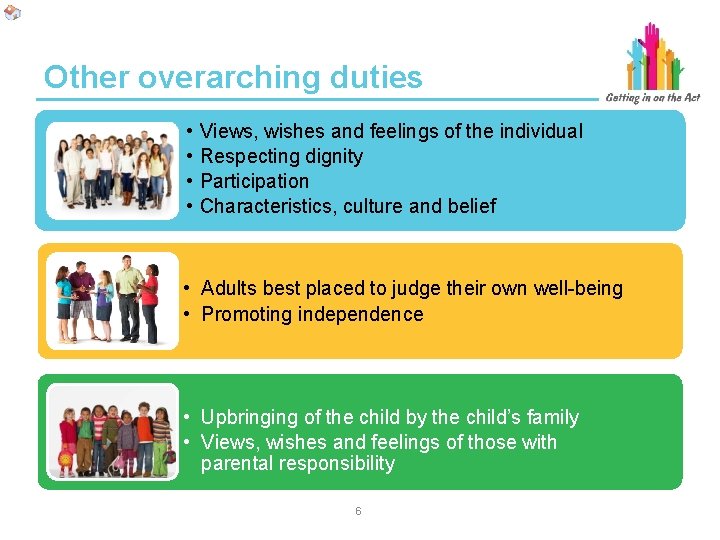 Other overarching duties • • Views, wishes and feelings of the individual Respecting dignity Other overarching duties • • Views, wishes and feelings of the individual Respecting dignity