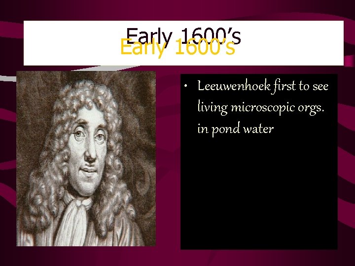 Early 1600’s • Leeuwenhoek first to see living microscopic orgs. in pond water Early 1600’s • Leeuwenhoek first to see living microscopic orgs. in pond water
