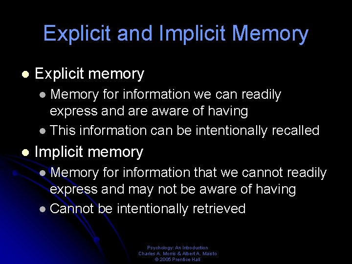 Explicit and Implicit Memory l Explicit memory Memory for information we can readily express