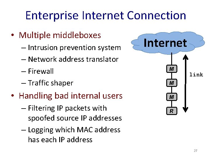 Enterprise Internet Connection • Multiple middleboxes – Intrusion prevention system – Network address translator