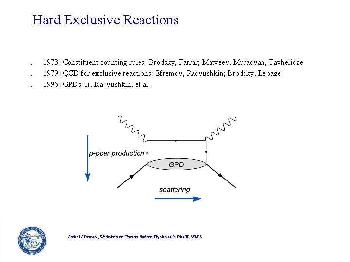 Hard Exclusive Reactions. . . 1973: Constituent counting rules: Brodsky, Farrar; Matveev, Muradyan, Tavhelidze Hard Exclusive Reactions. . . 1973: Constituent counting rules: Brodsky, Farrar; Matveev, Muradyan, Tavhelidze