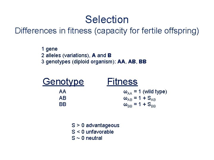Selection Differences in fitness (capacity for fertile offspring) 1 gene 2 alleles (variations), A