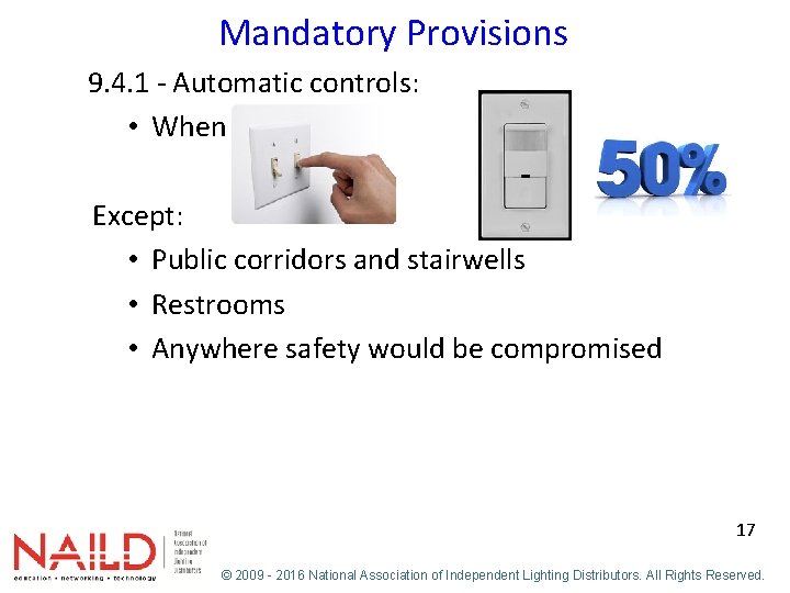 Mandatory Provisions 9. 4. 1 - Automatic controls: • When Except: • Public corridors