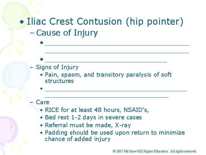  • Iliac Crest Contusion (hip pointer) – Cause of Injury • _________________________________ •