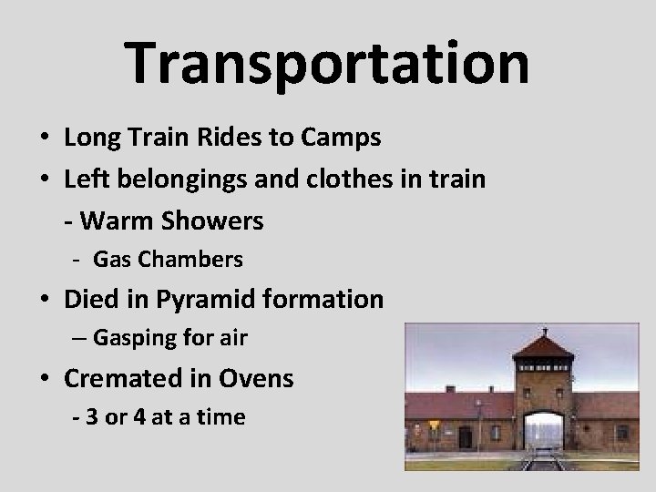 Transportation • Long Train Rides to Camps • Left belongings and clothes in train
