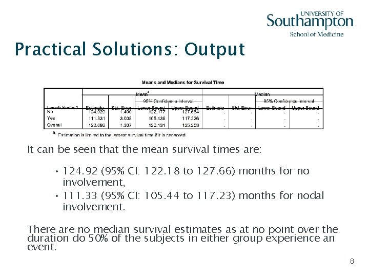 Practical Solutions: Output It can be seen that the mean survival times are: •