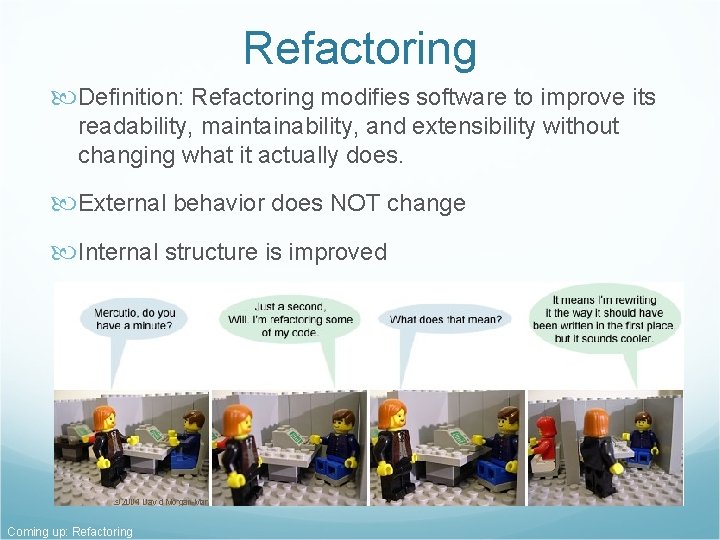 Refactoring Definition: Refactoring modifies software to improve its readability, maintainability, and extensibility without changing Refactoring Definition: Refactoring modifies software to improve its readability, maintainability, and extensibility without changing