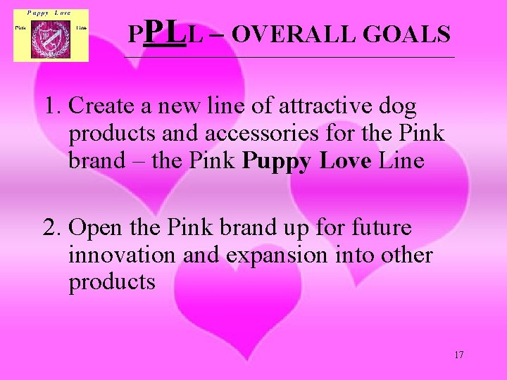 PPLL – OVERALL GOALS _______________________________________________ 1. Create a new line of attractive dog products