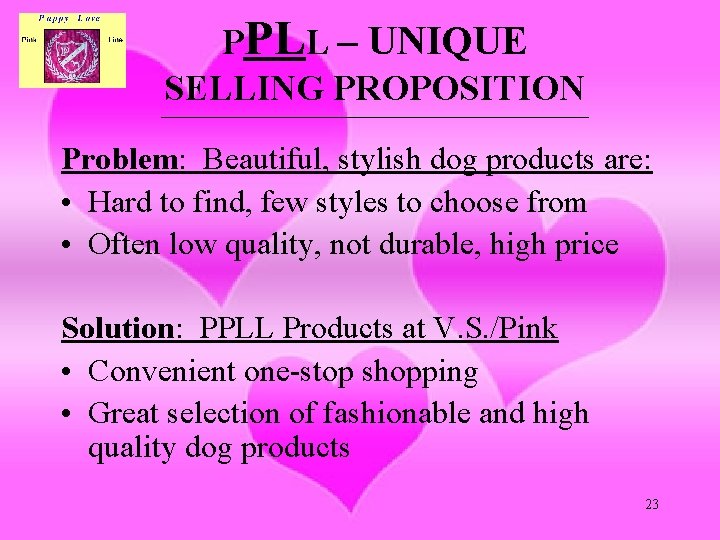 PPLL – UNIQUE SELLING PROPOSITION ______________________________________________________ Problem: Beautiful, stylish dog products are: • Hard