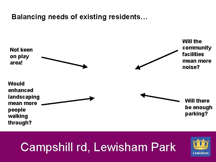 Balancing needs of existing residents… Not keen on play area! Would enhanced landscaping mean