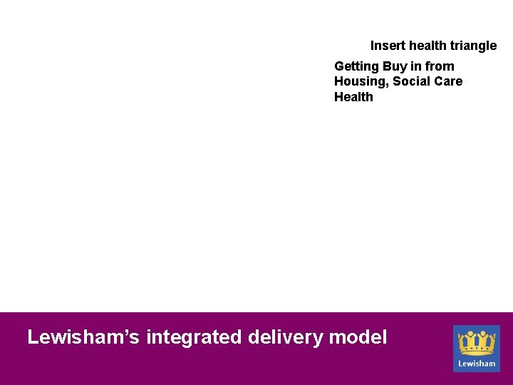 Insert health triangle Getting Buy in from Housing, Social Care Health Lewisham’s integrated delivery
